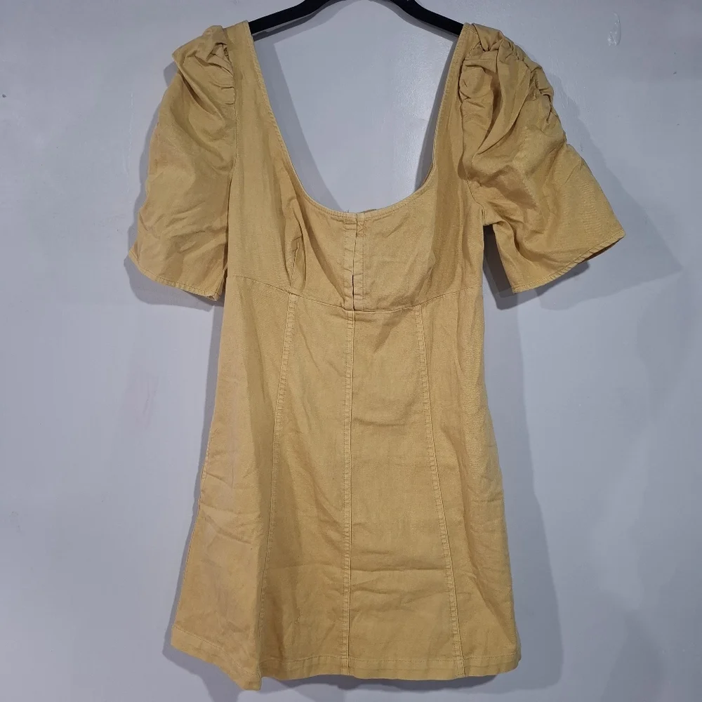 Free People Cheyenne Denim Mini Dress Babydoll Smocked Pockets Puffer Sleeve S